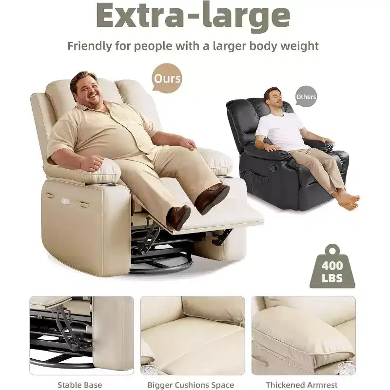Faux Leather Swivel Rocking Recliner for Adults with Remote Control, Cup Holders, Lounge Chair for Living Room, Bedroom, Nursery