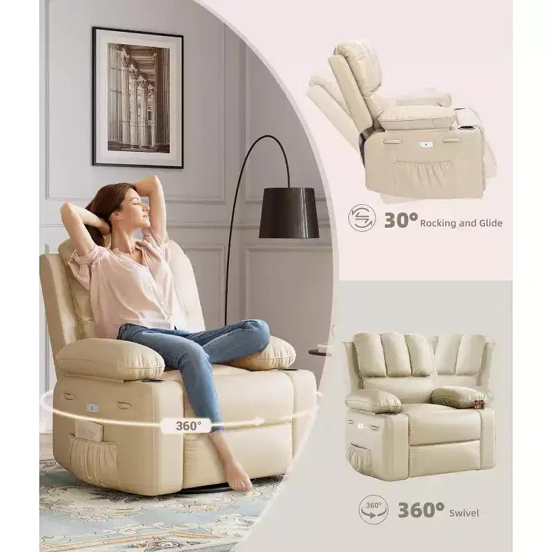 Faux Leather Swivel Rocking Recliner for Adults with Remote Control, Cup Holders, Lounge Chair for Living Room, Bedroom, Nursery