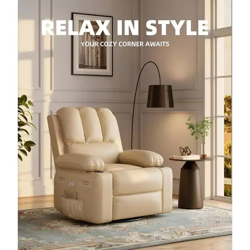 Faux Leather Swivel Rocking Recliner for Adults with Remote Control, Cup Holders, Lounge Chair for Living Room, Bedroom, Nursery