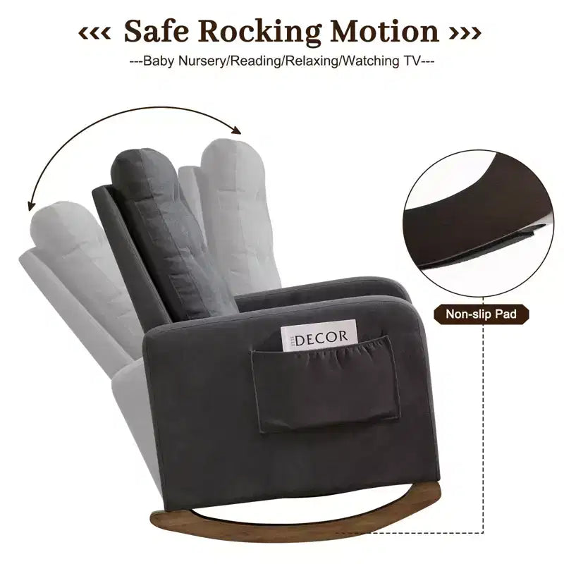 Upholstered Rocking Chair, Fabric Comfy Accent Armchair Chair with Rubber Wood Legs, High Backrest and Side Pocket for Living Room