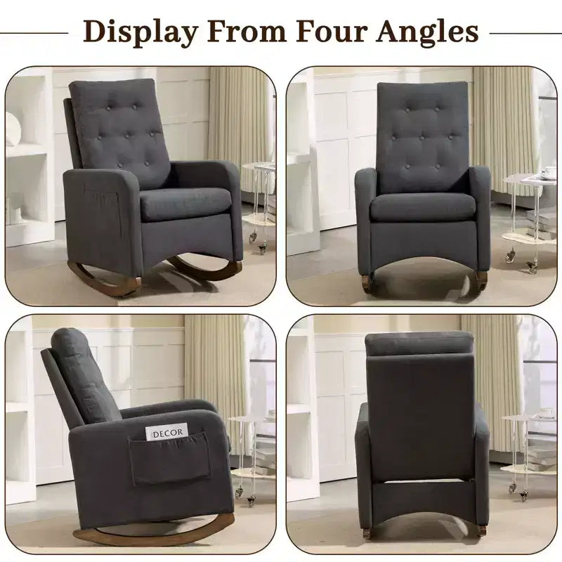 Upholstered Rocking Chair, Fabric Comfy Accent Armchair Chair with Rubber Wood Legs, High Backrest and Side Pocket for Living Room
