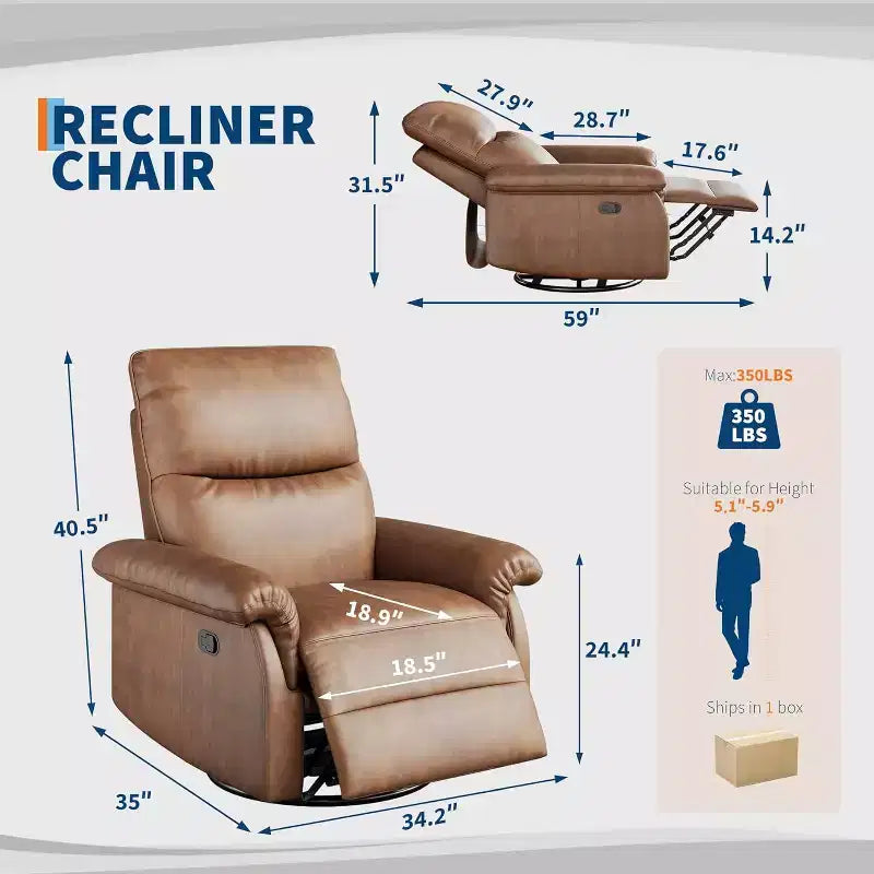 360 Swivel Recliner Chair, PU Leather Rocking Glider with Adjustable Back, for Living Room & Nursery
