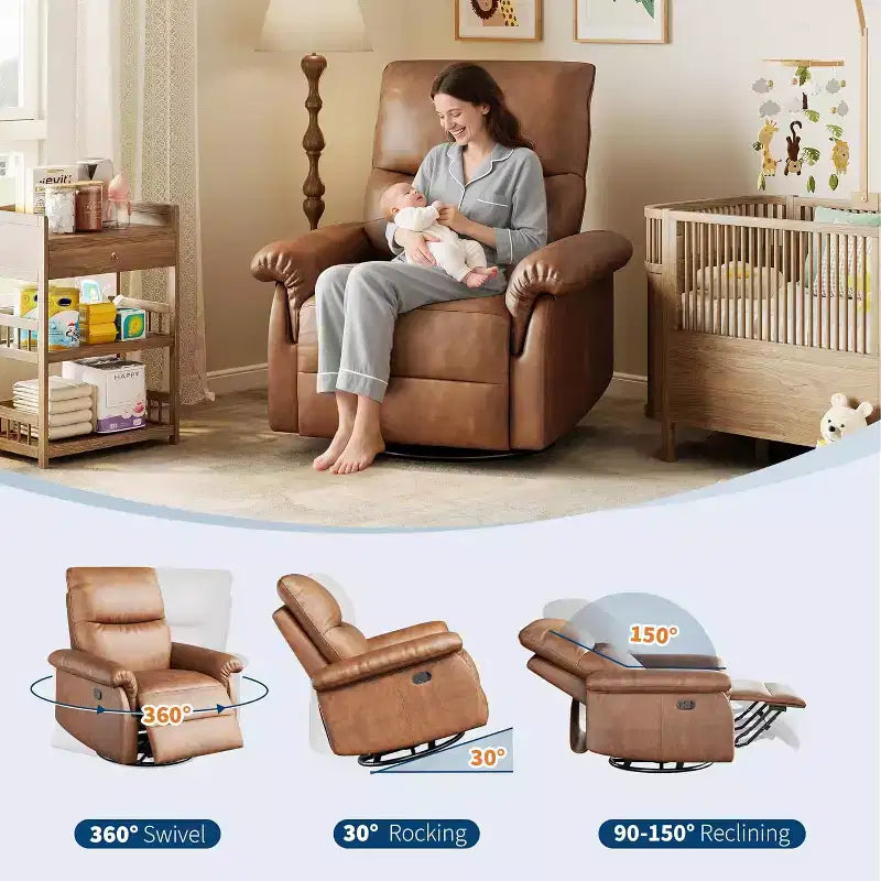 360 Swivel Recliner Chair, PU Leather Rocking Glider with Adjustable Back, for Living Room & Nursery