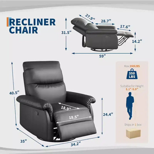 Sillón Reclinable Giratorio 360, Mecedora de Cuero Sintético con Respaldo Ajustable, para Salón y Habitación Infantil