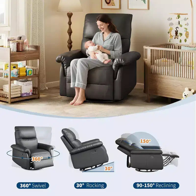 360 Swivel Recliner Chair, PU Leather Rocking Glider with Adjustable Back, for Living Room & Nursery