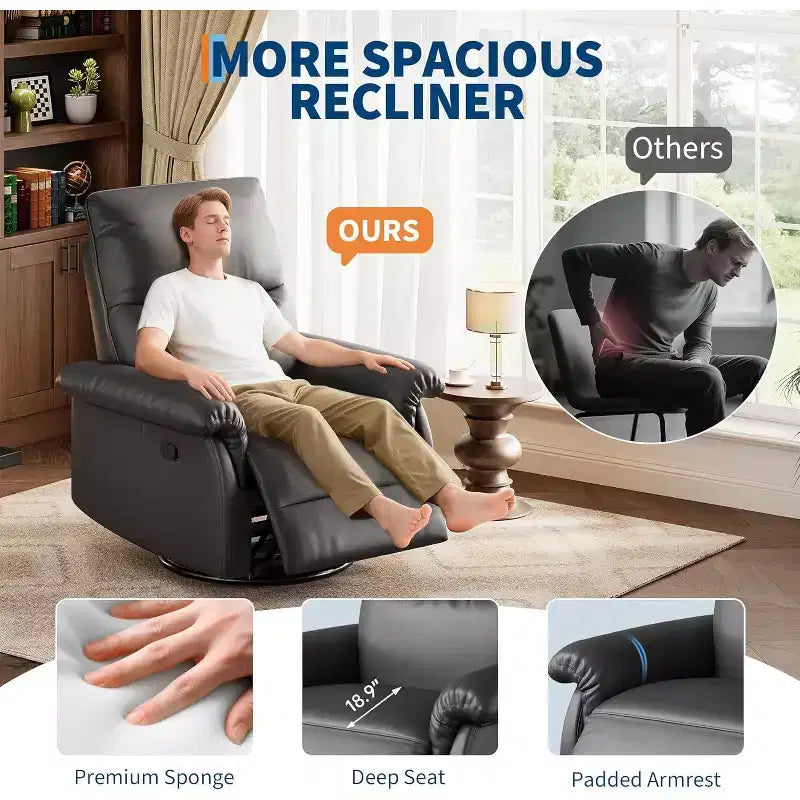360 Swivel Recliner Chair, PU Leather Rocking Glider with Adjustable Back, for Living Room & Nursery