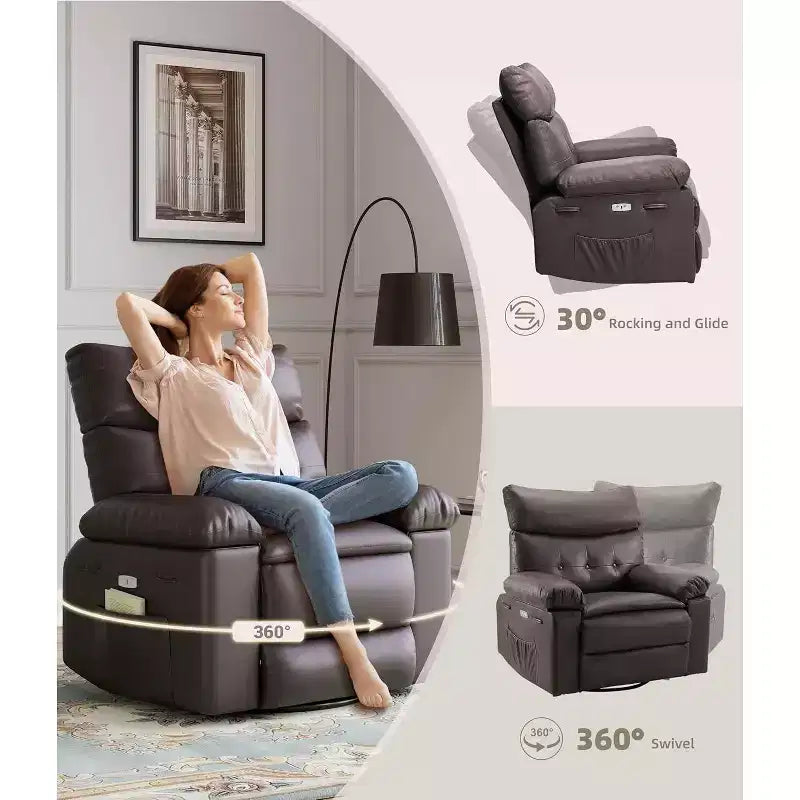 Acekool Electric Rocking Recliner Chair with Massage & Heat, Swivel Faux Leather Power Recliner, USB, Overstuffed Single Sofa for Living Room