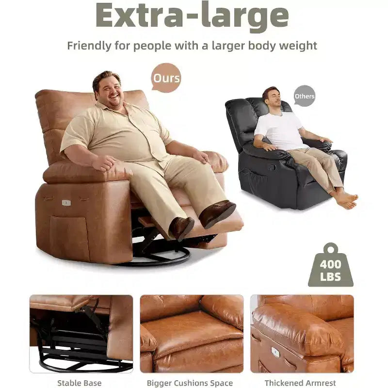 Acekool Oversized Manual Recliner Chair, Faux Leather Lounge Chair with Padded Arms, Wide Seat & Side Pocket for Living Room, Bedroom, Brown