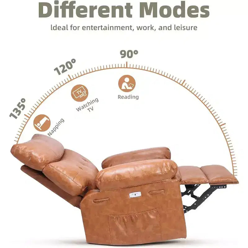 Acekool Oversized Manual Recliner Chair, Faux Leather Lounge Chair with Padded Arms, Wide Seat & Side Pocket for Living Room, Bedroom, Brown