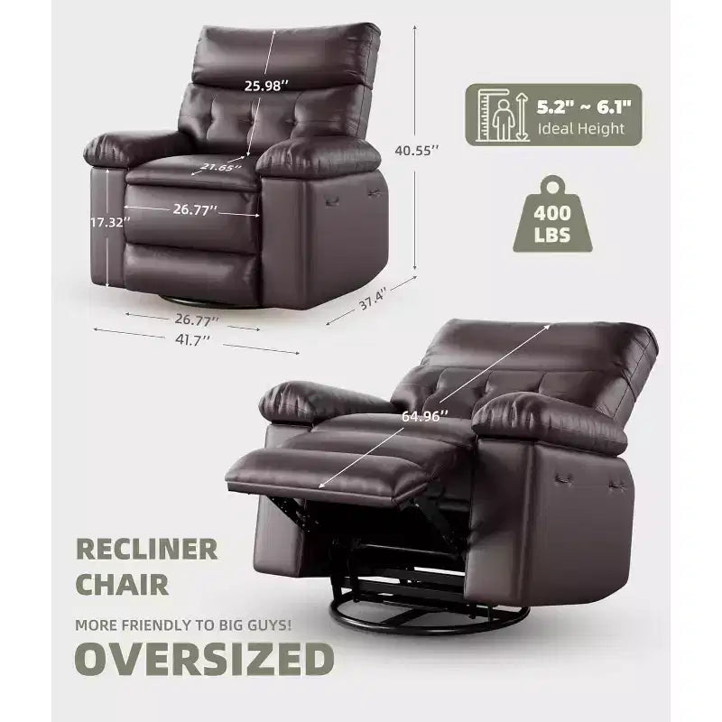 Acekool Oversized Swivel Rocker Recliner Chair, Wide PU Leather Manual Recliner with Plush Arm & Back, 360 Swivel for Living Room, Bedroom,Brown
