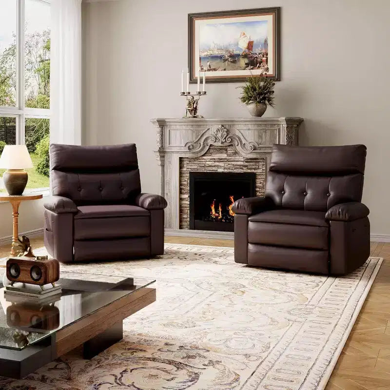 Acekool Oversized Swivel Rocker Recliner Chair, Wide PU Leather Manual Recliner with Plush Arm & Back, 360 Swivel for Living Room, Bedroom,Brown