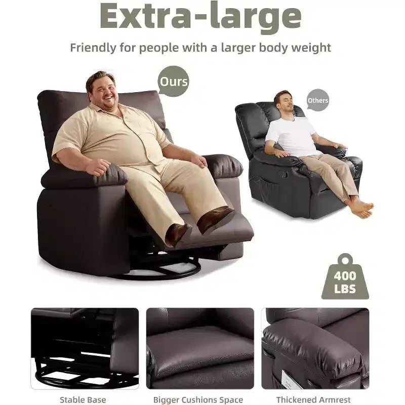 Acekool Oversized Swivel Rocker Recliner Chair, Wide PU Leather Manual Recliner with Plush Arm & Back, 360 Swivel for Living Room, Bedroom,Brown