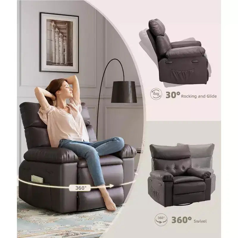 Acekool Oversized Swivel Rocker Recliner Chair, Wide PU Leather Manual Recliner with Plush Arm & Back, 360 Swivel for Living Room, Bedroom,Brown