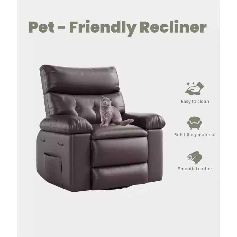 Acekool Oversized Swivel Rocker Recliner Chair, Wide PU Leather Manual Recliner with Plush Arm & Back, 360 Swivel for Living Room, Bedroom,Brown