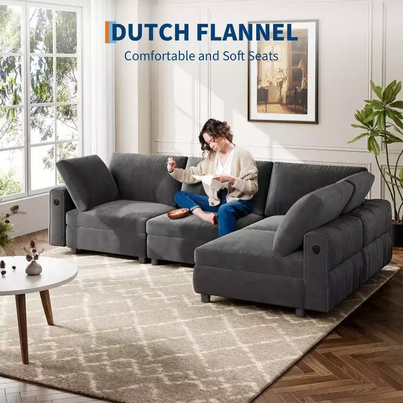 Sectional Couch, 105'' L Shaped 4 Seater Velvet Sofa with Charging Ports - Comfy Deep Seat Mid Century Modern for Living Room Apartment