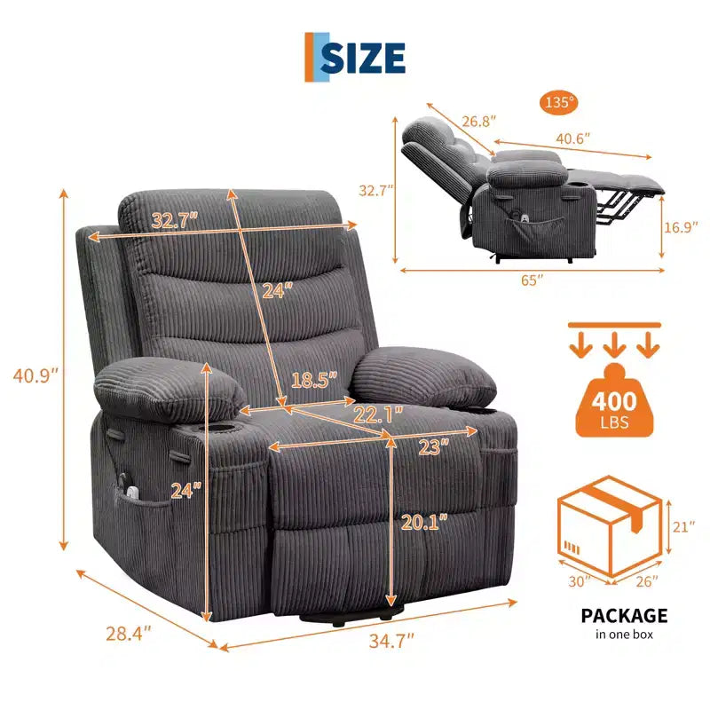 Power Lift Recliner Chair for Elderly, with Massage & Heat, Living Room Single Sofa, 135 Reclining Accent Chairs, 2 Cup Holders and Side Pockets
