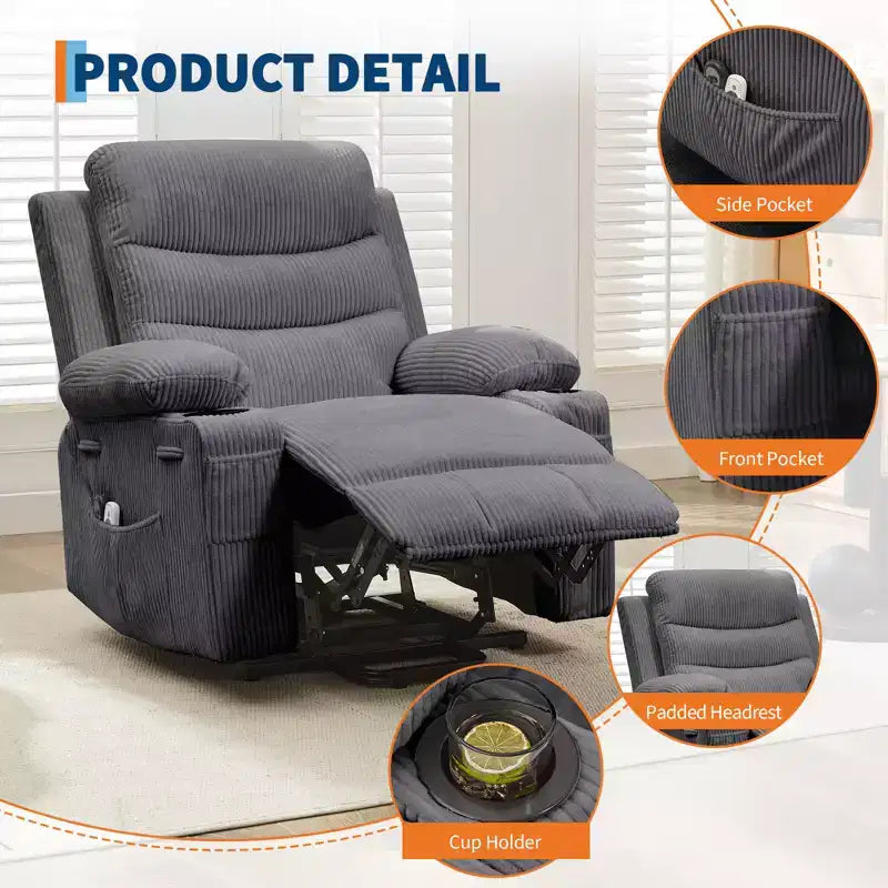 Power Lift Recliner Chair for Elderly, with Massage & Heat, Living Room Single Sofa, 135 Reclining Accent Chairs, 2 Cup Holders and Side Pockets