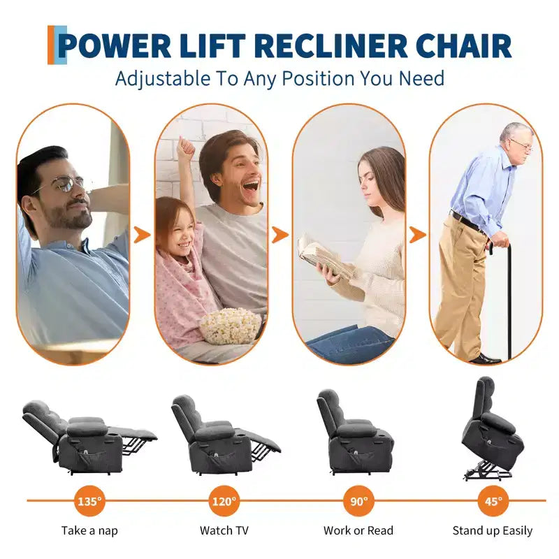 Power Lift Recliner Chair for Elderly, with Massage & Heat, Living Room Single Sofa, 135 Reclining Accent Chairs, 2 Cup Holders and Side Pockets