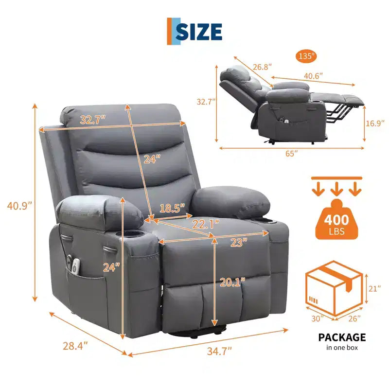 Power Lift Recliner Chair for Elderly, with Massage & Heat, Living Room Single Sofa, 135 Reclining Accent Chairs, 2 Cup Holders and Side Pockets