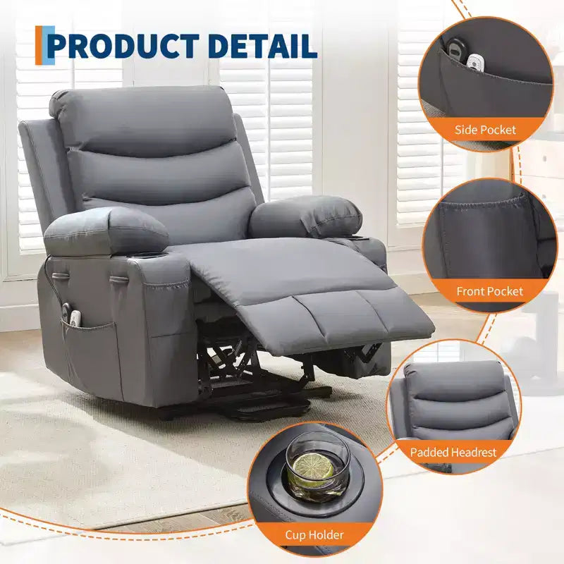 Power Lift Recliner Chair for Elderly, with Massage & Heat, Living Room Single Sofa, 135 Reclining Accent Chairs, 2 Cup Holders and Side Pockets