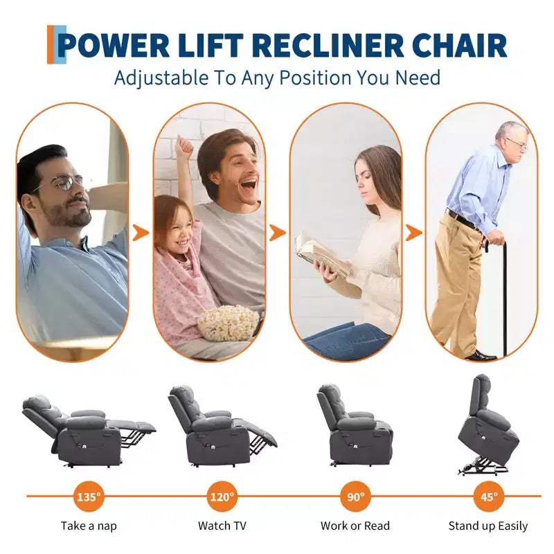 Power Lift Recliner Chair for Elderly, with Massage & Heat, Living Room Single Sofa, 135 Reclining Accent Chairs, 2 Cup Holders and Side Pockets