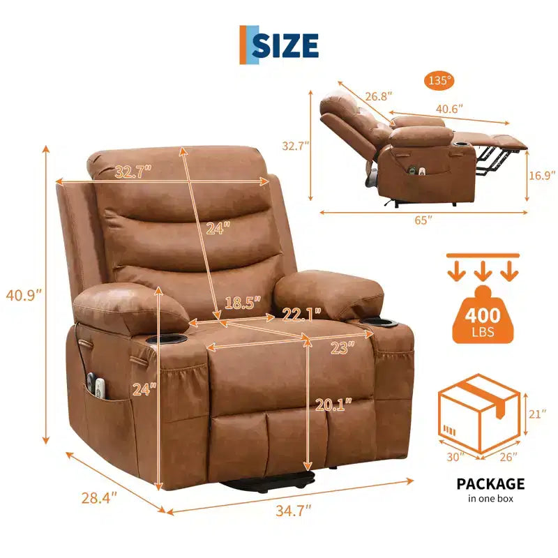 Power Lift Recliner Chair for Elderly, with Massage & Heat, Living Room Single Sofa, 135 Reclining Accent Chairs, 2 Cup Holders and Side Pockets