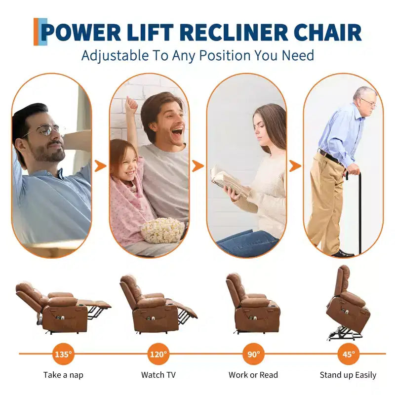 Power Lift Recliner Chair for Elderly, with Massage & Heat, Living Room Single Sofa, 135 Reclining Accent Chairs, 2 Cup Holders and Side Pockets
