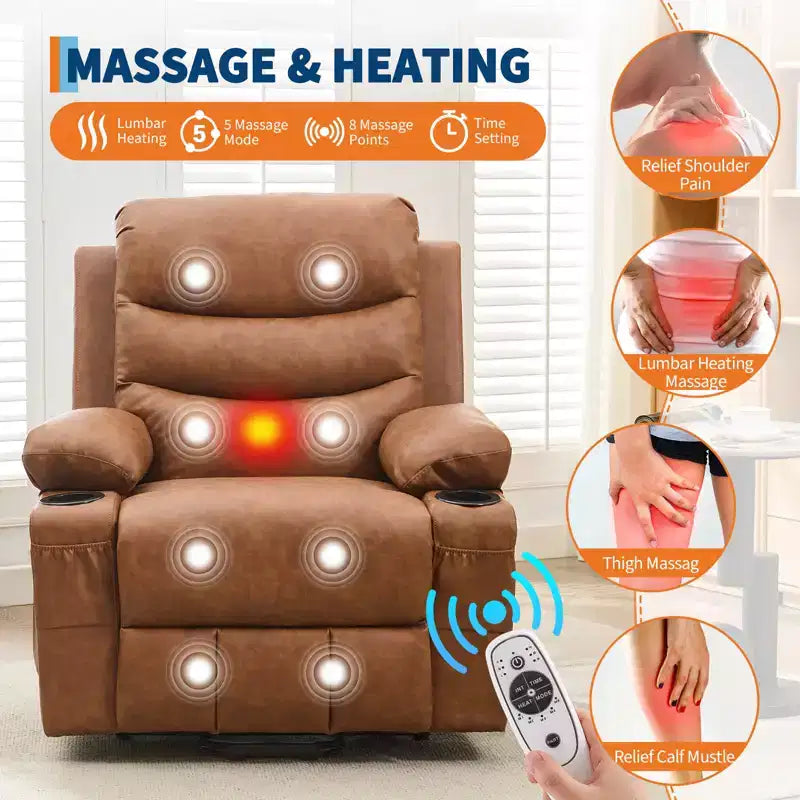 Power Lift Recliner Chair for Elderly, with Massage & Heat, Living Room Single Sofa, 135 Reclining Accent Chairs, 2 Cup Holders and Side Pockets