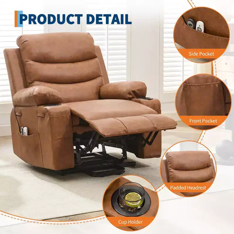 Power Lift Recliner Chair for Elderly, with Massage & Heat, Living Room Single Sofa, 135 Reclining Accent Chairs, 2 Cup Holders and Side Pockets