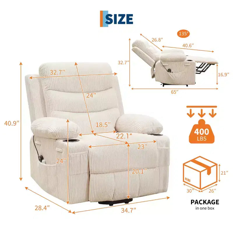 Power Lift Recliner Chair for Elderly, with Massage & Heat, Living Room Single Sofa, 135 Reclining Accent Chairs, 2 Cup Holders and Side Pockets