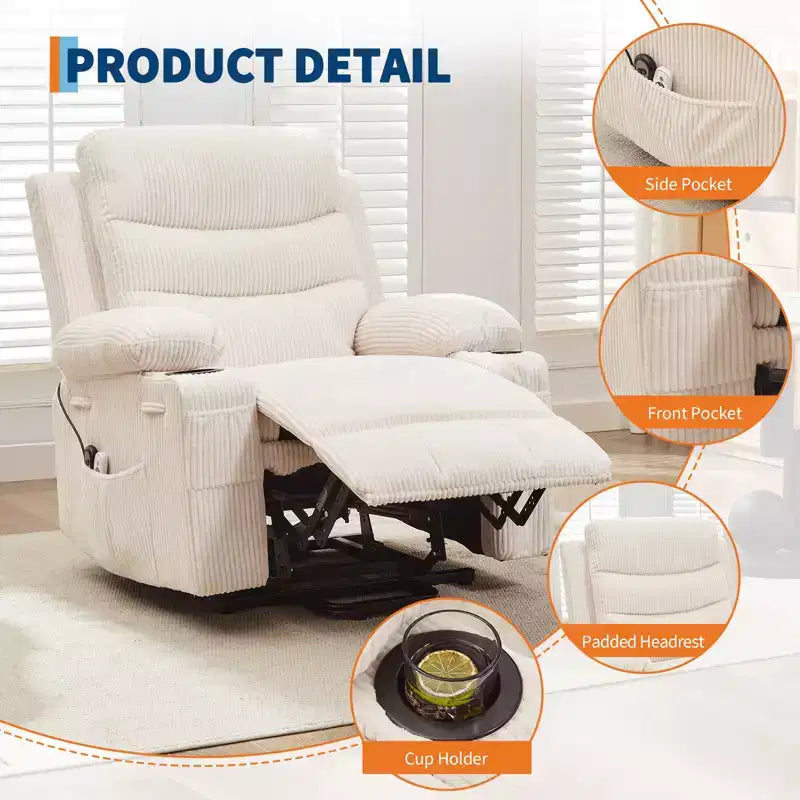 Power Lift Recliner Chair for Elderly, with Massage & Heat, Living Room Single Sofa, 135 Reclining Accent Chairs, 2 Cup Holders and Side Pockets