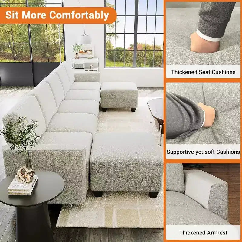 GustoWave 140 Modular Sectional Sofa with Storage Ottomans, U Shaped Convertible Sleeper Sofa, 7-Seat Modern Corduroy L Shaped Couch