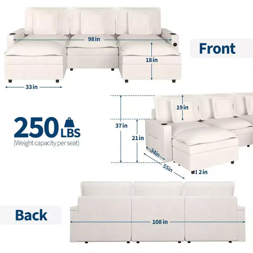 Sofá seccional modular de 274 cm, sofá en forma de U de gran tamaño, sofá moderno de chenilla de asiento extra profundo, sofá convertible de 6 plazas, beige
