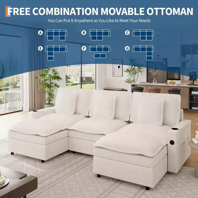 108'' Modular Sectional Sofa, Oversized U Shaped Couch, Extra Deep Seat Modern Chenille Sofa, 6 Seat Convertible Couches, Beige