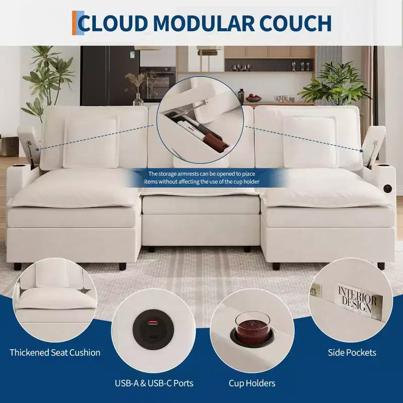 108'' Modular Sectional Sofa, Oversized U Shaped Couch, Extra Deep Seat Modern Chenille Sofa, 6 Seat Convertible Couches, Beige