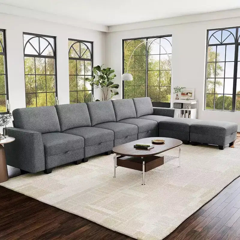 140 Modular Sectional Sofa with Storage Ottomans, U Shaped Convertible Sleeper Sofa, 7-Seat Modern Corduroy L Shaped Couch(Gray-Linen)
