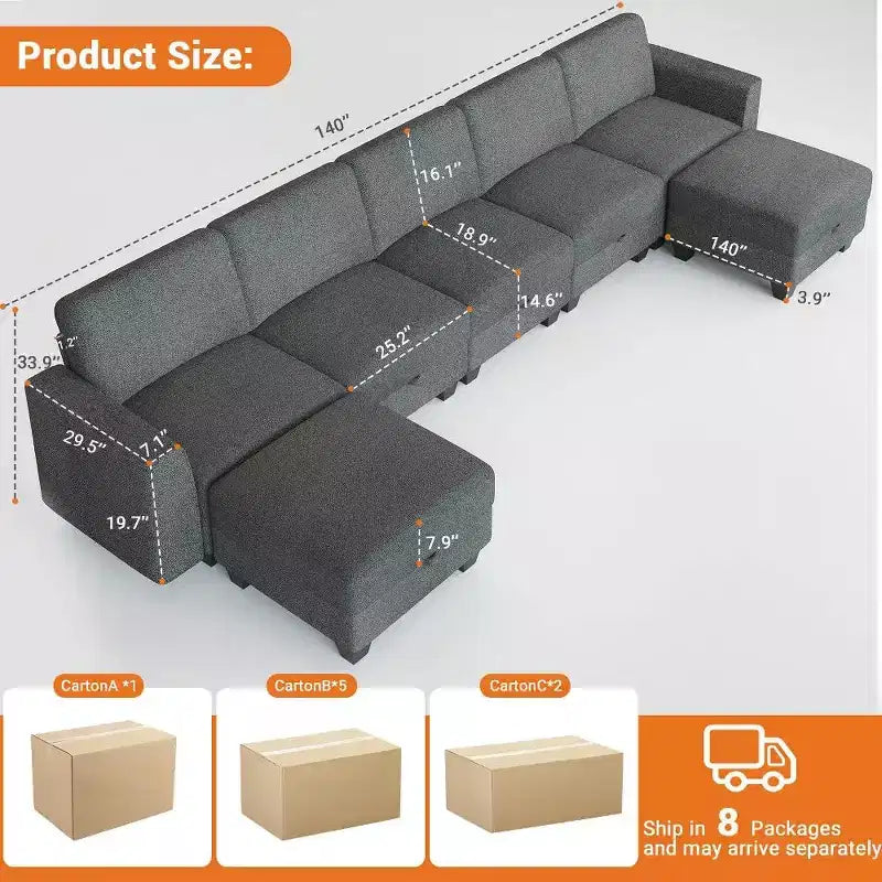 140 Modular Sectional Sofa with Storage Ottomans, U Shaped Convertible Sleeper Sofa, 7-Seat Modern Corduroy L Shaped Couch(Gray-Linen)