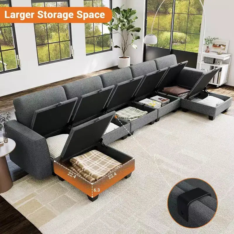 140 Modular Sectional Sofa with Storage Ottomans, U Shaped Convertible Sleeper Sofa, 7-Seat Modern Corduroy L Shaped Couch(Gray-Linen)