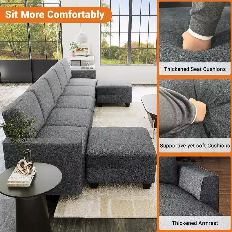 140 Modular Sectional Sofa with Storage Ottomans, U Shaped Convertible Sleeper Sofa, 7-Seat Modern Corduroy L Shaped Couch(Gray-Linen)