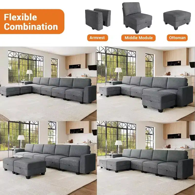 140 Modular Sectional Sofa with Storage Ottomans, U Shaped Convertible Sleeper Sofa, 7-Seat Modern Corduroy L Shaped Couch(Gray-Linen)