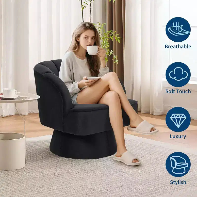 Swivel Barrel Chair - Teddy Bear Velvet Upholstered Modern Armchair with Striped Backrest & Plush Padding,for Living Room, Bedroom