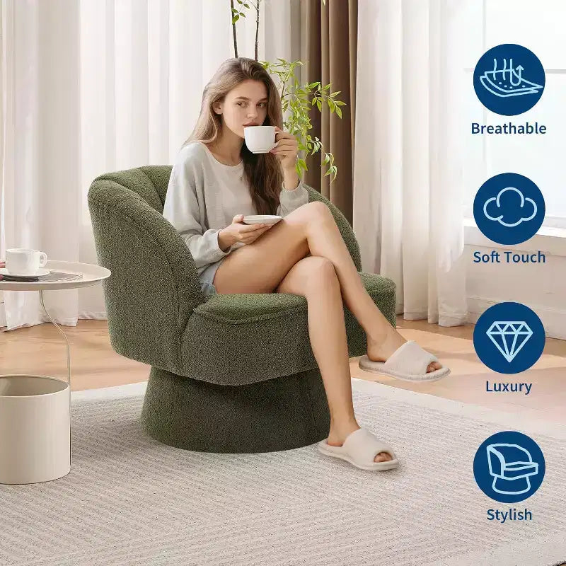 Swivel Barrel Chair - Teddy Bear Velvet Upholstered Modern Armchair with Striped Backrest & Plush Padding,for Living Room, Bedroom