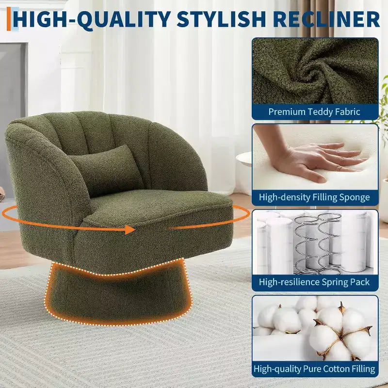 Swivel Barrel Chair - Teddy Bear Velvet Upholstered Modern Armchair with Striped Backrest & Plush Padding,for Living Room, Bedroom