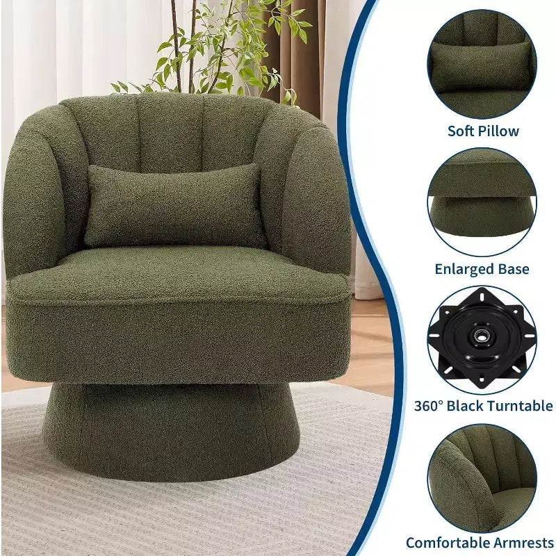 Swivel Barrel Chair - Teddy Bear Velvet Upholstered Modern Armchair with Striped Backrest & Plush Padding,for Living Room, Bedroom