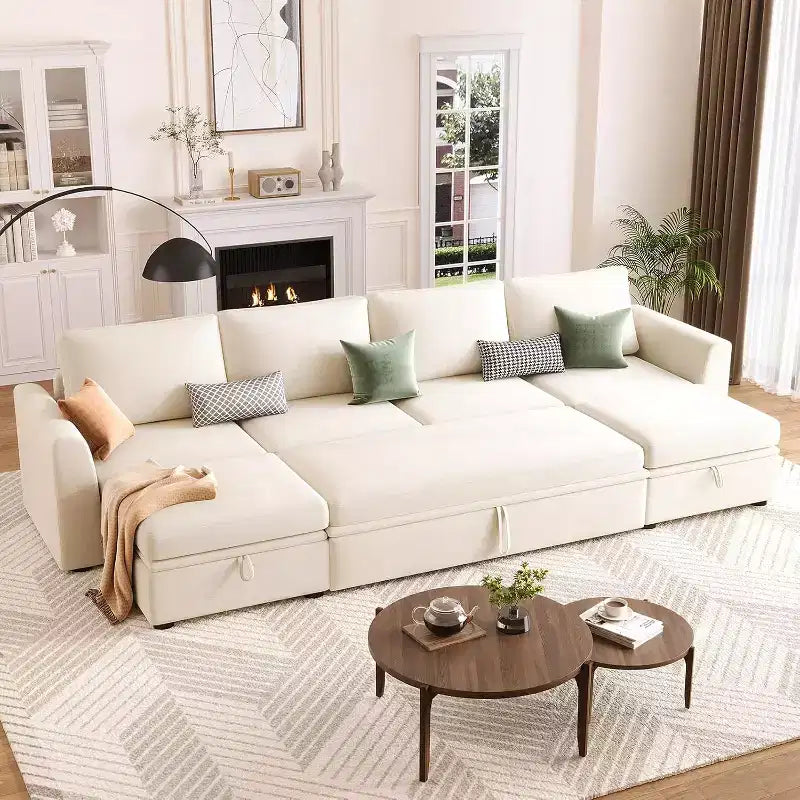 Acekool Chenille Modular U-Shaped Sectional Sleeper Sofa with Pull Out Bed, Storage Seats & Ottoman, Convertible Couch for Living Room