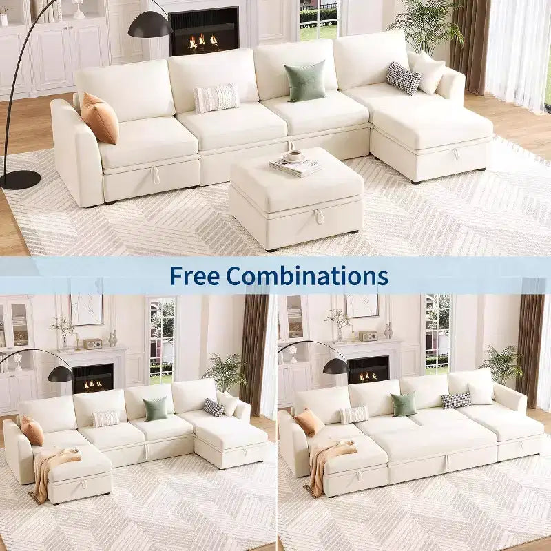 Canapé modulable en chenille Acekool en U avec lit gigogne, sièges de rangement et pouf, canapé convertible pour salon