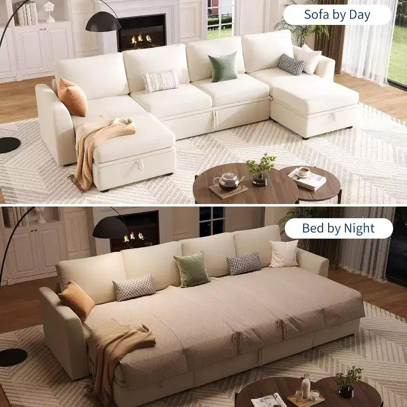 Canapé modulable en chenille Acekool en U avec lit gigogne, sièges de rangement et pouf, canapé convertible pour salon