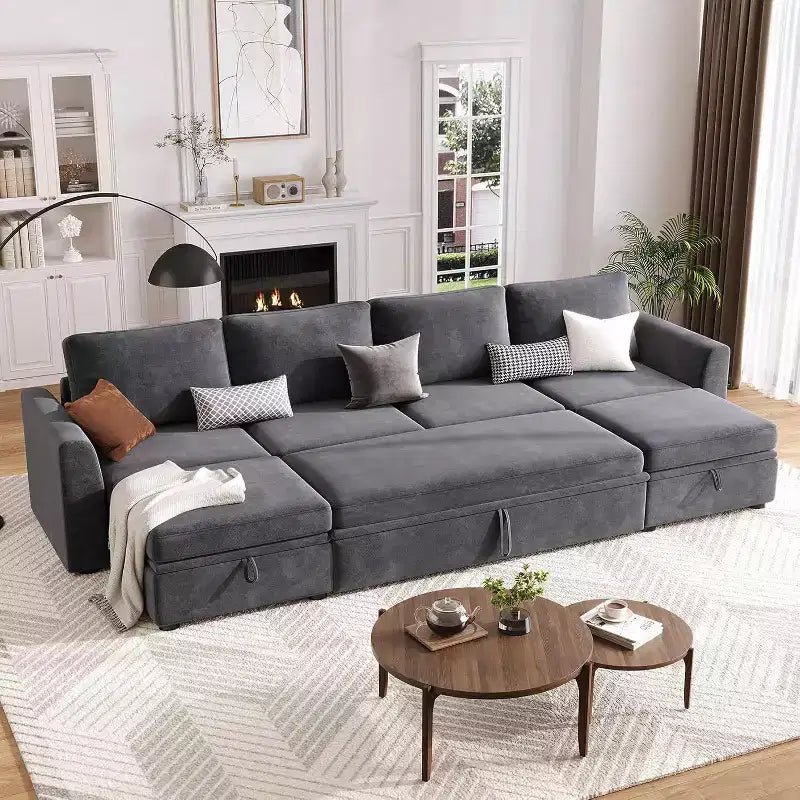 Acekool Chenille Modular Sectional Sleeper Sofa with Pull Out Bed, Storage Seats & 2 Ottomans, Convertible Couch for Living Room, Removable Covers