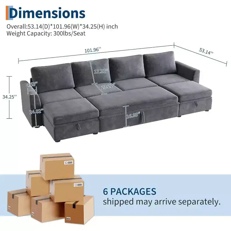 Canapé modulable convertible en chenille Acekool avec lit gigogne, sièges de rangement et 2 poufs, canapé convertible pour salon, housses amovibles