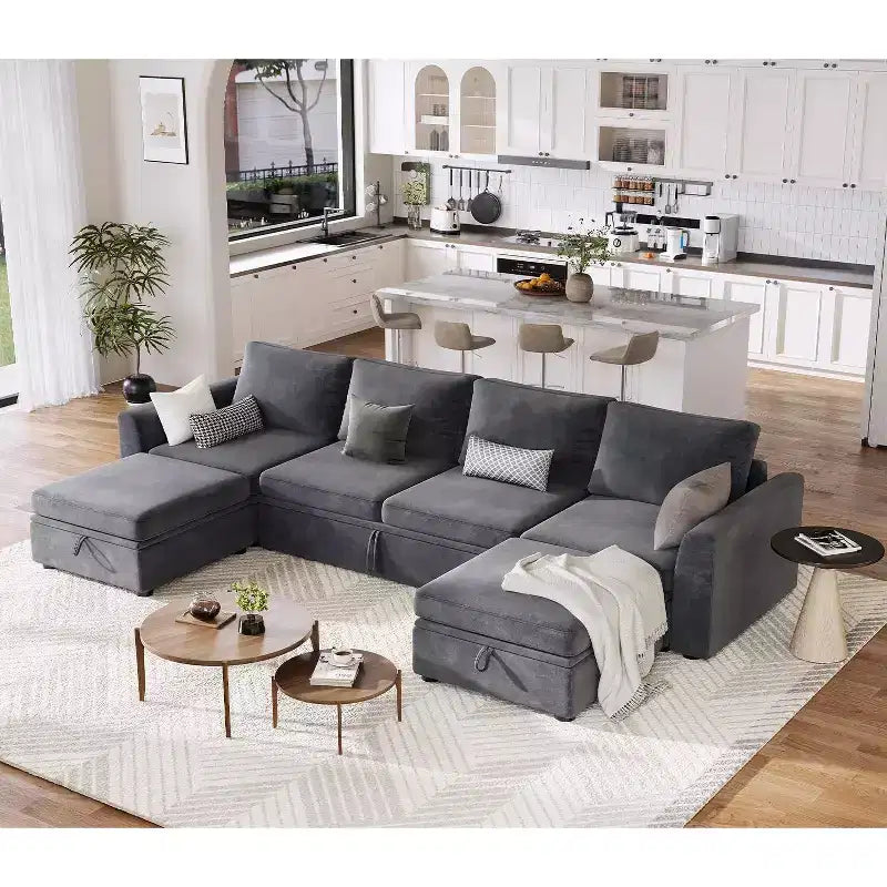 Canapé modulable convertible en chenille Acekool avec lit gigogne, sièges de rangement et 2 poufs, canapé convertible pour salon, housses amovibles